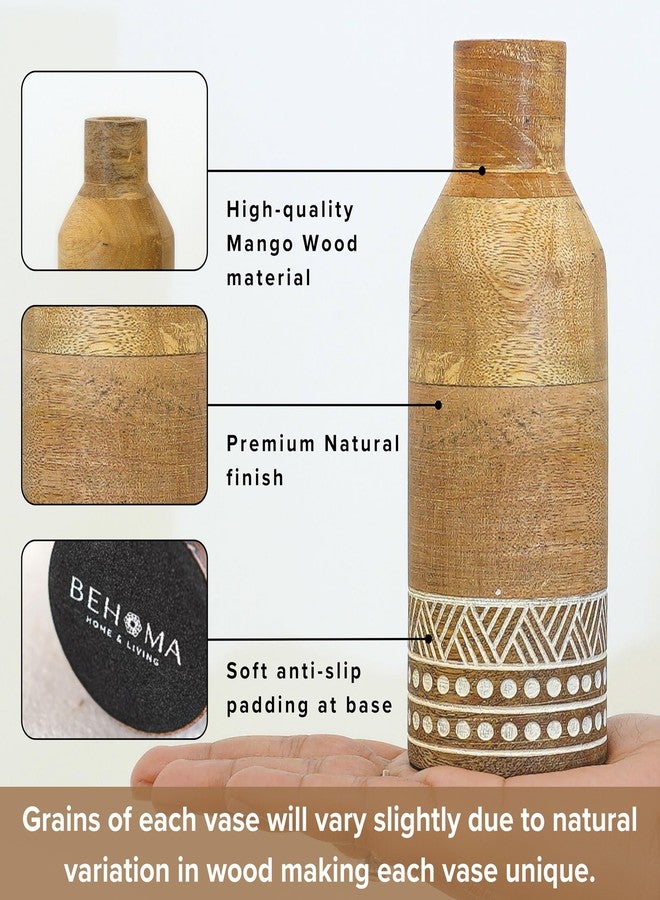 Behoma Boho Engraved Design Wooden Flower Vase Set of 2, Bottle Shape Mango Wood Vases for Flowers for Decor Home Living Room Kitchen Office, Natural Light Brown Finish | Height - 23 cm & 15 cm - Image 2